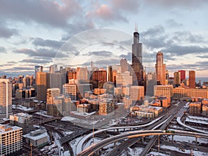 Chicago downtown buildings skyline snow winter freeway aerial sunset