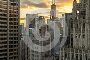 Chicago downtown buildings sunset evening