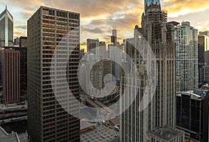 Chicago downtown buildings sunset evening Michigan Avenue bridge