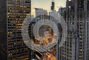 Chicago downtown buildings sunset evening Michigan Avenue bridge