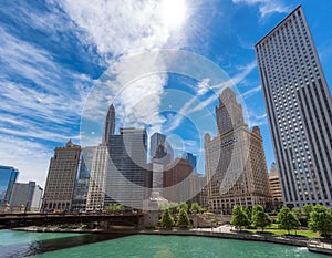 Chicago downtown and Chicago River at summer time in Chicago, Illinois.