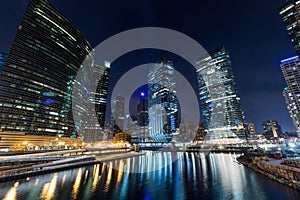 Chicago downtown illuminated view by the river