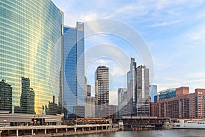 Chicago downtown and River with bridges at dusk.