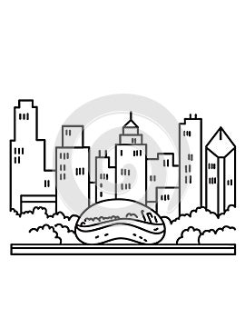 Chicago Downtown Skyline with the Bean or Cloud Gate Sculpture on Park Grill Lake Michigan Illinois USA Mono Line Art Poster