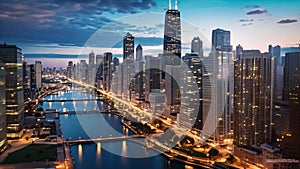 Chicago downtown skyline at dusk, Illinois, United States of America, Chicago skyline aerial drone view from above