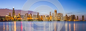 Chicago downtown skyline and lake michigan at night