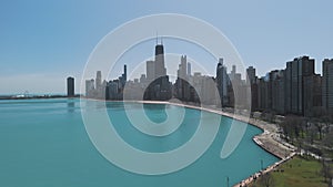 Chicago downtown skyline on sunny day. Drone wide view footage