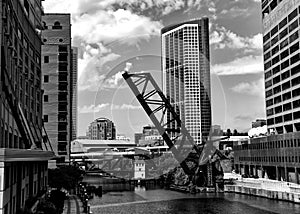 Chicago Downtown view with drawbridge and Chicago River. BW