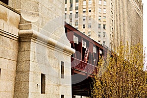 Chicago elevated el train moving along Wells Street tracks during spring blooming season