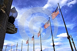 American Flags on the lakeside at Navy Pier. Chicago, IL, USA. September 16, 2016.