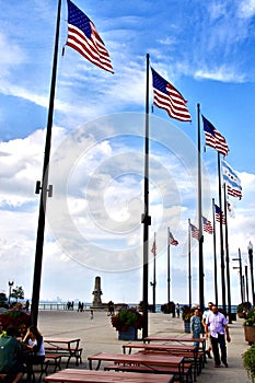 American Flags on the lakeside at Navy Pier. Chicago, IL, USA. September 16, 2016.