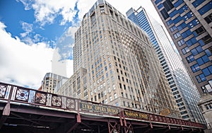 Chicago Illinois city skyscrapers, blue sky background