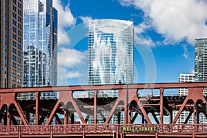 Chicago Illinois city skyscrapers, blue sky background