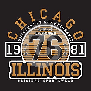 Chicago, Illinois typography for t-shirt. Original sportswear print. Athletic apparel typography. Graphic for design clothes.