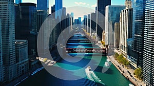 Chicago, Illinois, USA. Aerial view of the Chicago River. Generative AI