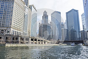 View of The Chicago River and skyscrapers in downtown Chicago,Illinois, USA