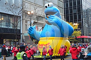 Chicago, Illinois - USA - November 24, 2016: Cookie Monster Balloon in McDonald`s Thanksgiving Street Parade