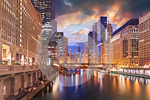 Chicago, Illinois, USA on the River at Twilight