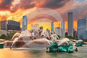 Chicago, Illinois, USA Skyline and Fountain photo