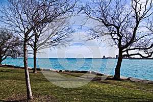 View of Michigan City, IN skyline from the lakefront along Chicago's south side, along Lake Michigan on a frigid winter day