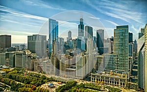 Chicago Loop cityscape at Michigan Avenue and Randolph Street. Urban aerial landscape. Illinois, USA