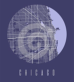 Chicago map poster. Decorative design street map of Chicago city  cityscape aria panorama