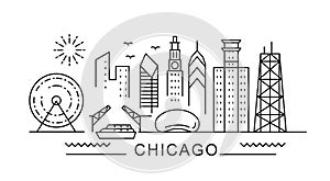 Chicago minimal style City Outline Skyline with Typographic. Vector cityscape with famous landmarks. Illustration for