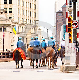 Chicago Mounted Police crossing the DuSable Bridge on Michigan Avenue