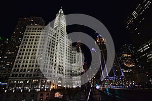 Chicago River Bridge view of the Wrigley Building and Tribune Tower at night