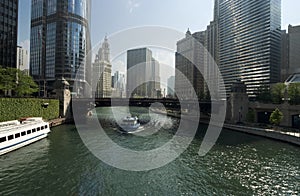 Chicago river in business district at downtown Chicago, USA