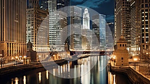 Chicago River and Chicago skyline at night, Illinois, United States. Generative AI