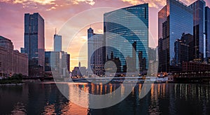 The Chicago River. Downtown, Chicago, USA. Morning cityscape, sunrise. Panorama.