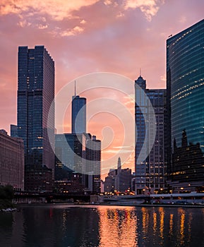 The Chicago River. Downtown, Chicago, USA. Morning cityscape, sunrise. Portrait.