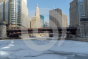 Chicago river downtown frozen ice buildings bridge