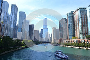 The Chicago River and downtown Chicago skyline USA