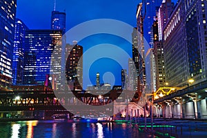 Chicago river and Marina City towers at night, USA