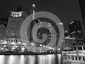 Chicago River at Night Black and White