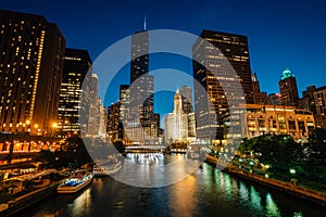 The Chicago River at night, in Chicago, Illinois