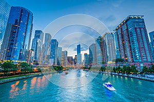 The Chicago River at night, in Chicago, Illinois
