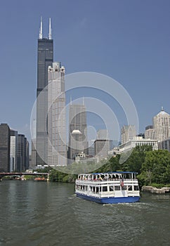 Chicago River and skyscrapers including Willis Tower (formerly Sears Tower).