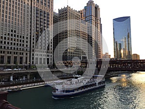 Chicago River at Sunset, Downtown Chicago, Illinois, USA