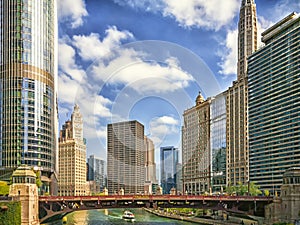 The Chicago River at Wabash Avenue in Chicago, USA. Modern Cityscape.