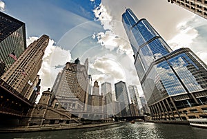 Chicago River Walk with urban skyscrapers, IL, USA