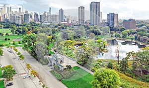 Chicago skyline aerial drone view from above, city of Chicago downtown skyscrapers cityscape bird`s view from park, Illinois, USA