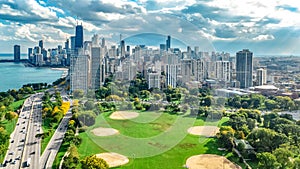 Chicago skyline aerial drone view from above, city of Chicago downtown skyscrapers cityscape bird\'s view from park, USA