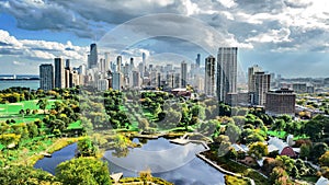 Chicago skyline aerial drone view from above, city of Chicago downtown skyscrapers cityscape view from park, Illinois, USA