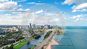 Chicago skyline aerial drone view from above, city of Chicago downtown skyscrapers and lake Michigan cityscape, Illinois, USA