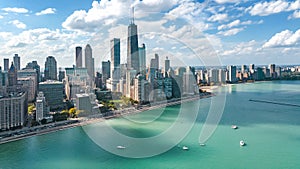 Chicago skyline aerial drone view from above, lake Michigan and city of Chicago downtown skyscrapers cityscape, Illinois, USA