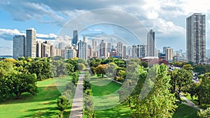 Chicago skyline aerial view from above, lake Michigan and city of Chicago downtown skyscrapers cityscape from Lincoln park,