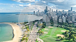 Chicago skyline aerial drone view from above, lake Michigan and city of Chicago downtown skyscrapers cityscape from Lincoln park